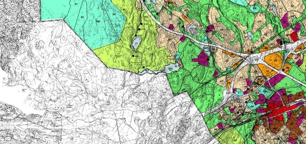 yhdyskuntateknisen huollon alue (ET), kaatopaikka-alue (EK) ja moottorirataalue (EM), virkistysalue (V) ja