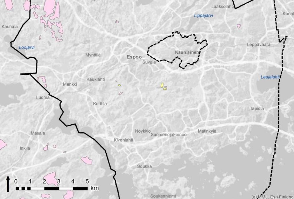 myös Espoossa (Kuva 3.1). Seuraavassa kuvassa on esitetty hankkeessa tunnistetut kalliokiviaineksen ja harjukiviaineksen ottoon soveltuvat alueet.