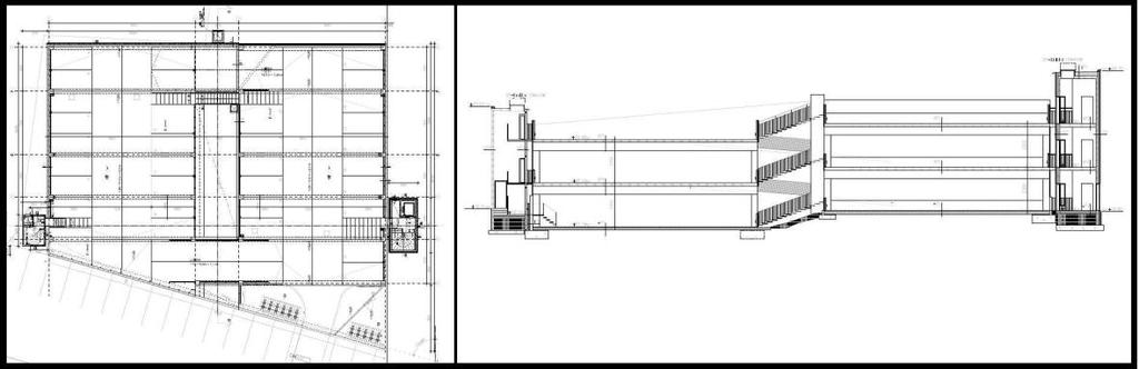 69 Kuva 42. 1 kerroksen pohjakuva ja koko autohallin leikkauspiirustus [14].