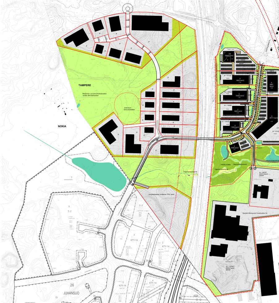 7 Viitesuunnitelman asemapiirros keskellä. Osa myllypuron 1. vaiheen asemakaavasta näkyy valtatien 3 itäpuolella. Kuvan lounaisosassa näkyy voimassa oleva asemakaava Nokian kaupungin puolella.