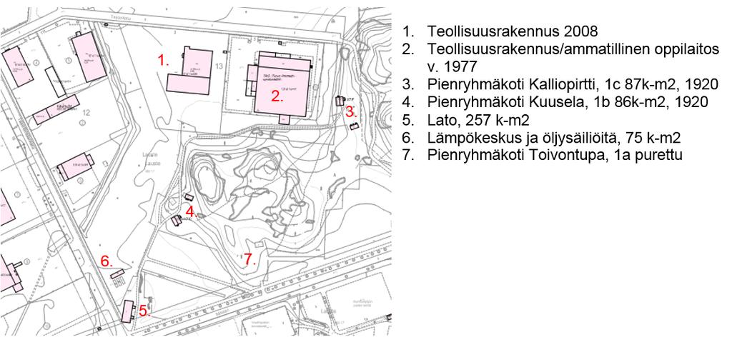 Suunnittelualueen rakennukset Numeroiden 1 ja 2 välissä sijaitsee tilarakennuksia, muun