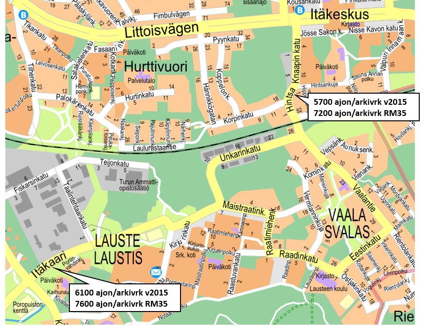 14 Kuva. Liikennemäärät arkivuorokauden aikana vuonna 2015 ja rakennemallin 2035 tavoitetilanteessa. Itäkaarella on vuoden 2015 laskennan mukaan noin 6100 ajoneuvoa arkivuorokaudessa.