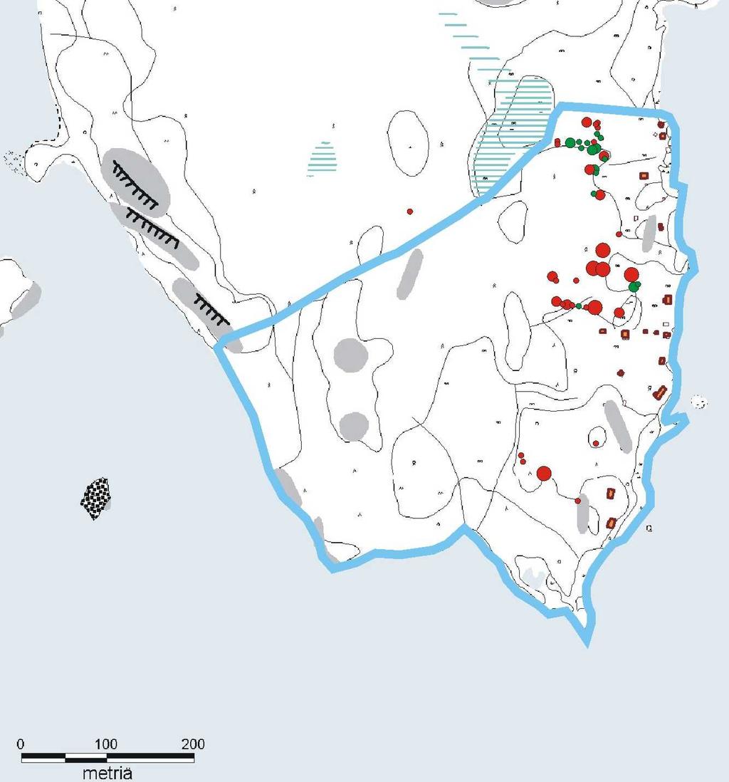 Kuva 2. Liito-oravan papanahavainnot Imatran Mikonsaaressa (sininen rajaus) vuonna 2006.