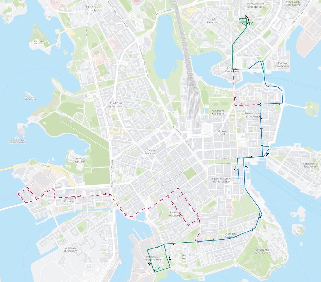 12 Kuva 7. Linjan 17 reittimuutos. Linja 21 Linjan 21 reitti linjataan Erottajan sijaan päättymään Eiraan.