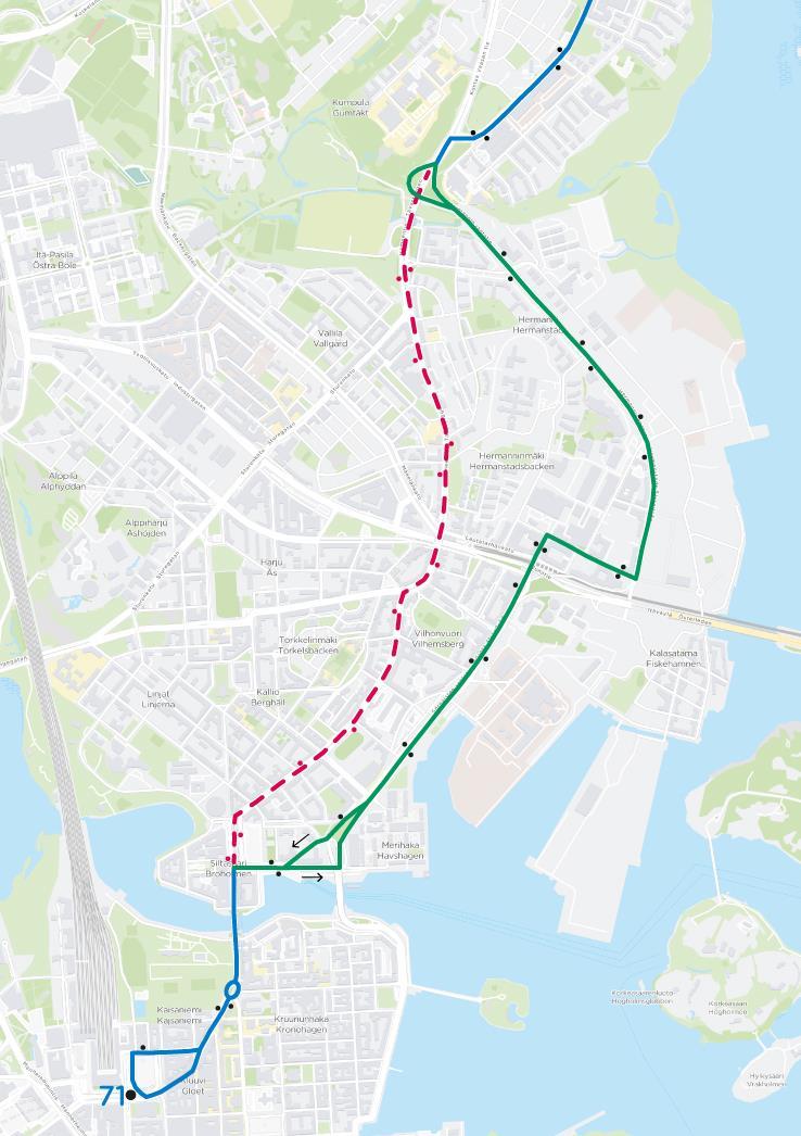 18 Kuva 13. Linjan 71 reittimuutos. Linjat 78 ja 79 Linjan 78 päiväliikenteen vuoroväli arkisin ja lauantaisin pitenee 15 minuutista 20 minuuttiin.