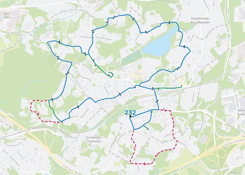 20 Kuva 15. Lähibussin 232 reittimuutos. Linja 245 Linjalle 245 lisätään lähtöjä kevät- ja syysviikonlopuille kasvaneen kysynnän takia syksystä 2018 alkaen.