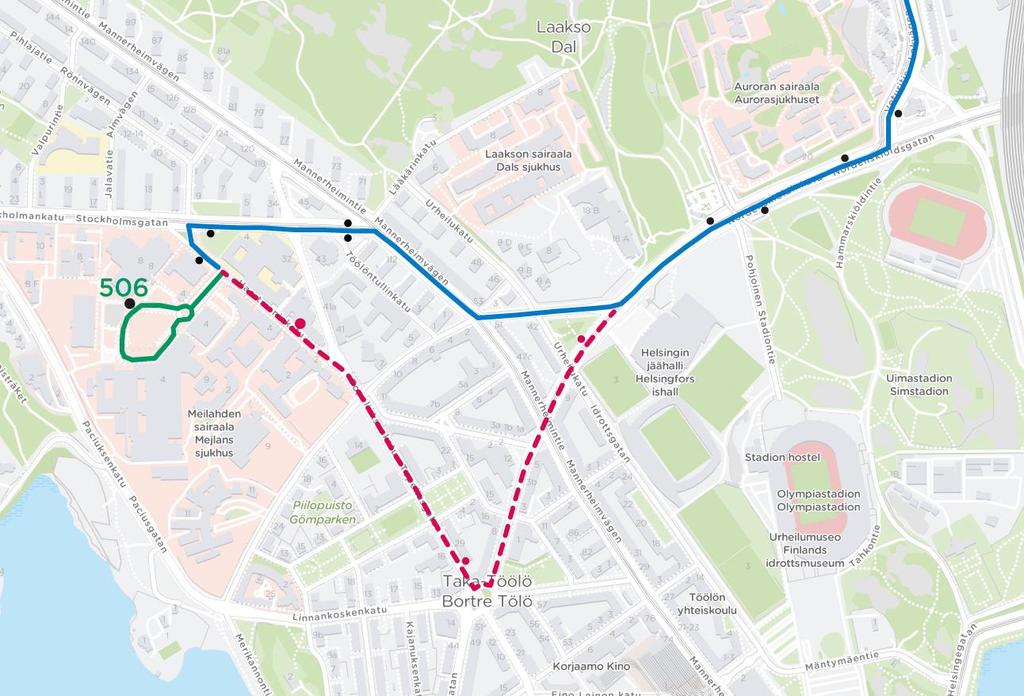 23 Kuva 19. Linjan 506 reittimuutos. Linja 560 Runkolinjan 560 sunnuntain päiväliikenteen vuoroväli tihennetään syysliikenteen alkaessa 15 minuutista 10 minuuttiin suuren kuormituksen takia.