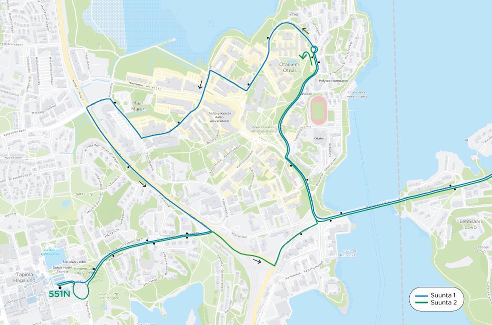 8 Kuva 2. Yölinjan 551N uusi reitti. Herttoniemen linjastosuunnitelman vaikutukset linjastoon Herttoniemen linjastosuunnitelmassa (HSL:n hallituksen päätös 13.6.