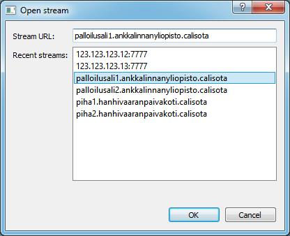 3.14 Videovirran avaus Kuvassa 3.11 esitetyn Open stream -ikkunan voi avata joko File-valikon (katso luku 3.13) komennolla Open stream... tai pääikkunan (katso kuva 3.1) painikkeella Add stream.