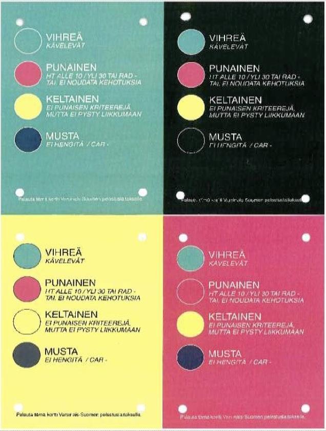 (Aalto 2010, 635) Triagelaukun sisältö käsitellään kappaleessa 5. Seuraavassa kuvassa on esiteltynä Varsinais-Suomen alueella käytettävät värilliset primaaritriagekortit (Kuva 1.