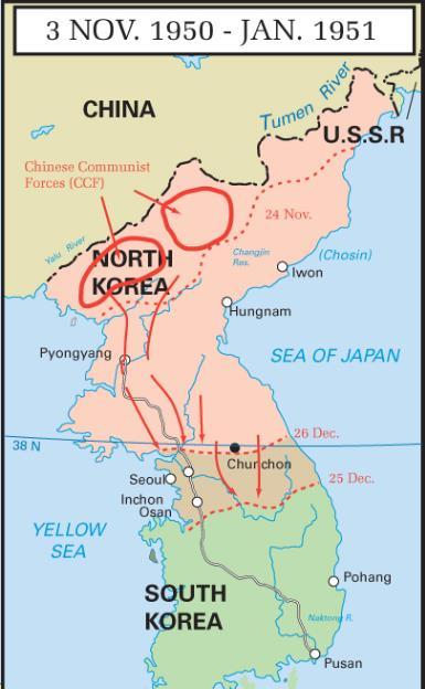 valloitti nopeasti lähes koko maan (NL aseistanut) YK valtuutti USA:n E-Korean avuksi (NL ei turvallisuusneuvostossa käyttämässä vetoa) USA + liittolaiset työnsivät P-Korean takaisin ja valtasivat