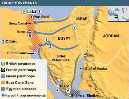 Nasser kansallisti Suezin kanavan (Engl & Ra) Israel, Ranska ja Englanti yhteiseen sotatoimeen Egyptiä vastaan NL uhkasi Englantia ja Ranskaa ydinaseilla, elleivät