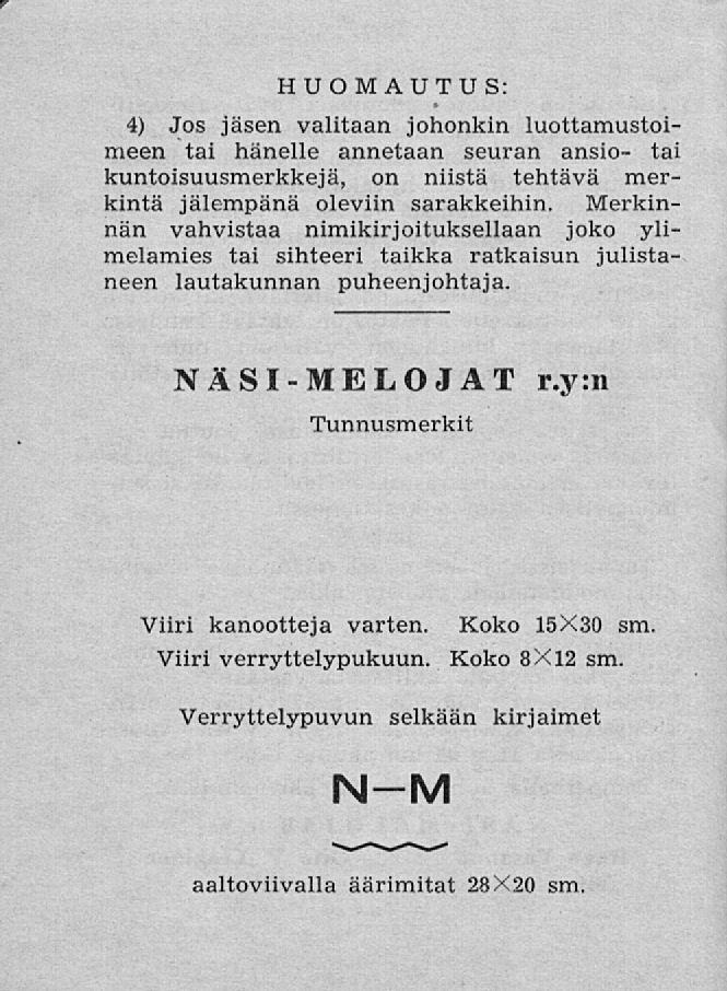 HUOMAUTUS: 4) Jos jäsen valitaan johonkin luottamustoimeen tai hänelle annetaan seuran ansio- tai kuntoisuusmerkkejä, on niistä tehtävä merkintä jälempänä oleviin sarakkeihin.