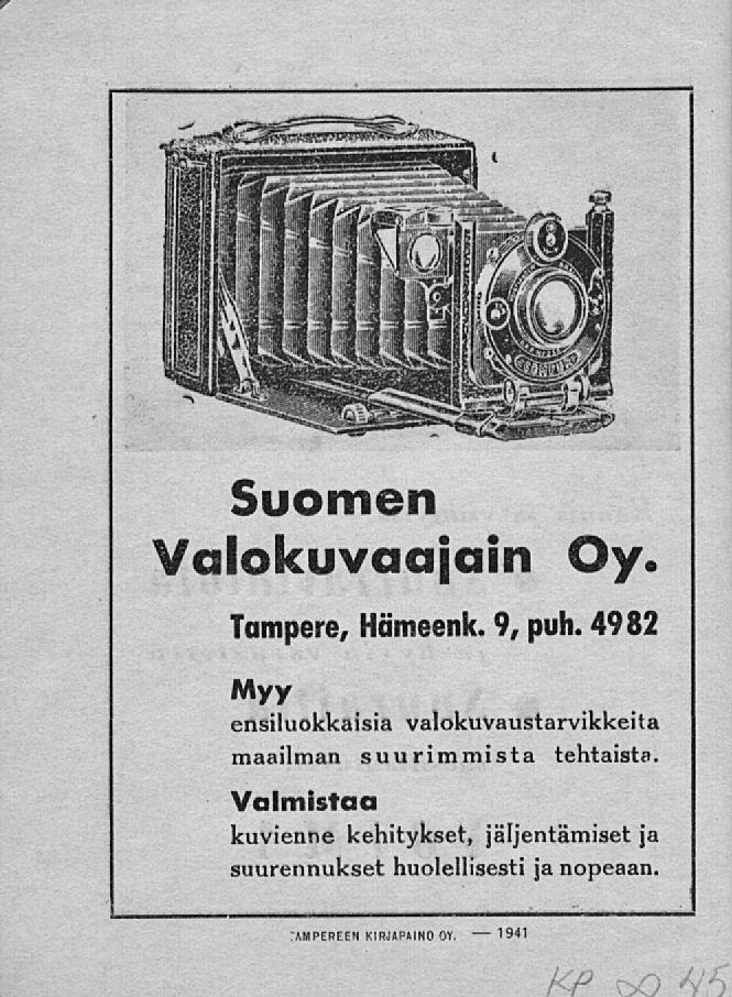 F Suomen Valokuvaajain Oy. Tampere, Hämeenk. 9, puh.