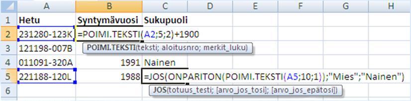 Merkkijonofunktioita ARVO VALUE Muuntaa tekstin luvuksi. ERISNIMI PROPER Muuttaa merkkijonon kunkin sanan ensimmäisen kirjaimen isoksi ja muut pieniksi. ETSI FIND Etsii tekstin toisen tekstin sisältä.