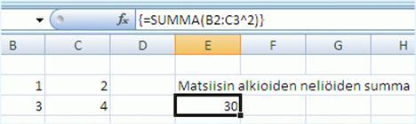 summa SUMPRODUCT -funktio Laskee matriisien toisiaan vastaavien solujen tulot ja edelleen niiden summan. Argumentteina olevien matriisien on oltava samankokoisia. Funktio TULOJEN.