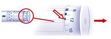 Jos musta kumimäntä on väripalkin alareunassa, on sylinteriampullissa noin 20 yksikköä insuliinia jäljellä. B. Valitse annoksesi kääntämällä annoksenvalitsijaa eteenpäin.