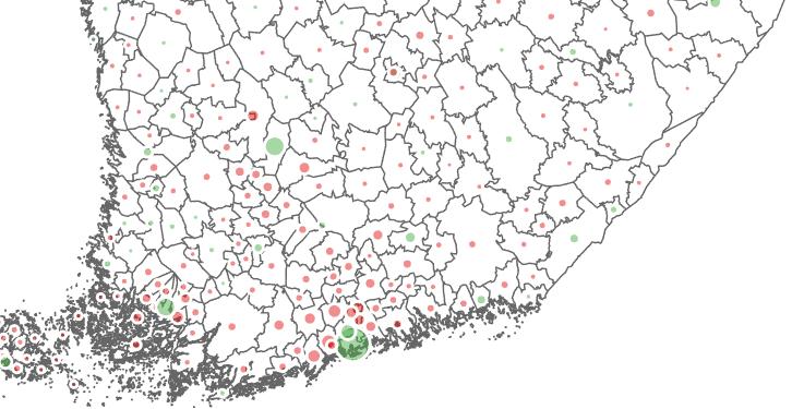 Kuntien välinen pendelöinti 2015 Vihreä ympyrä: positiivinen netto työvoiman