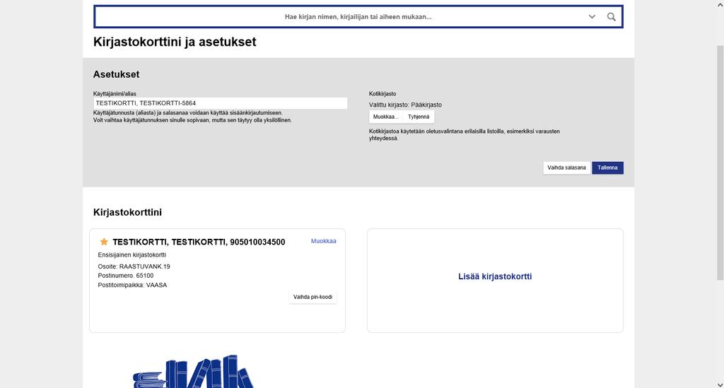 Kirjastokorttini Jos haluat käyttää sisäänkirjautumiseen käyttäjänimeä ja salasanaa, voit tehdä sen Asetukset-otsikon alla.