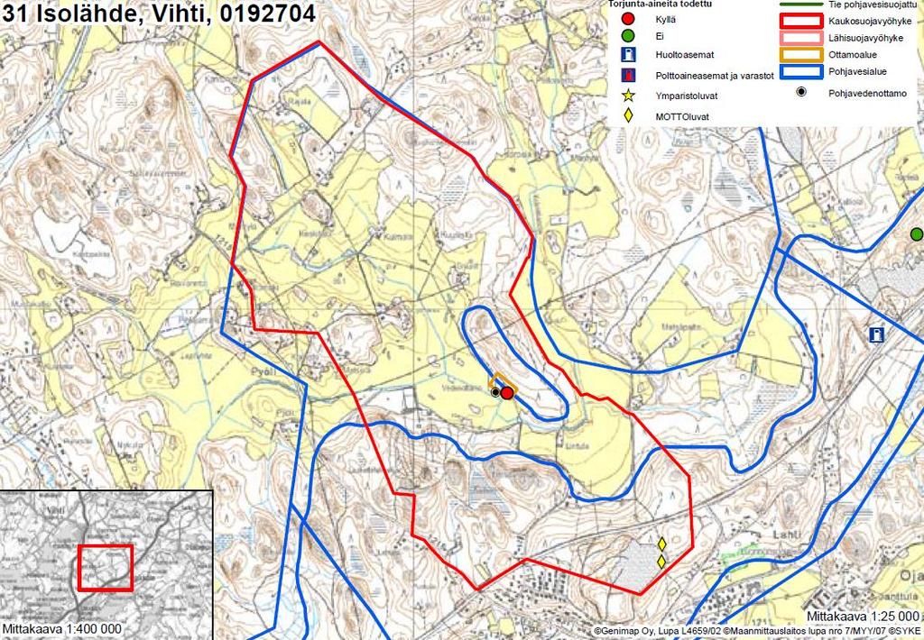 YLIJÄÄMÄMAIDEN LÄJITYS POHJAVESIALUEELLA 2 / 1 painanteessa pohjavesi on arteesista eli vedenpinnan painetaso on maanpinnan yläpuolella, paikoin jopa 2 m. 2.2 Isolähteen vedenottamo Isolähteen vedenottamo sijaitsee noin 700 metrin etäisyydellä ylijäämämaiden läjitysalueesta.