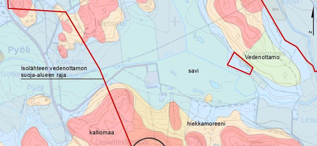 YLIJÄÄMÄMAIDEN LÄJITYS POHJAVESIALUEELLA 3 / 1 Vedenottamon suunnassa alarinteellä maaperä on hiekkamoreenia, joka painuu laaksopainanteessa savi-/silttikerrosten alle ja on siellä yhteydessä