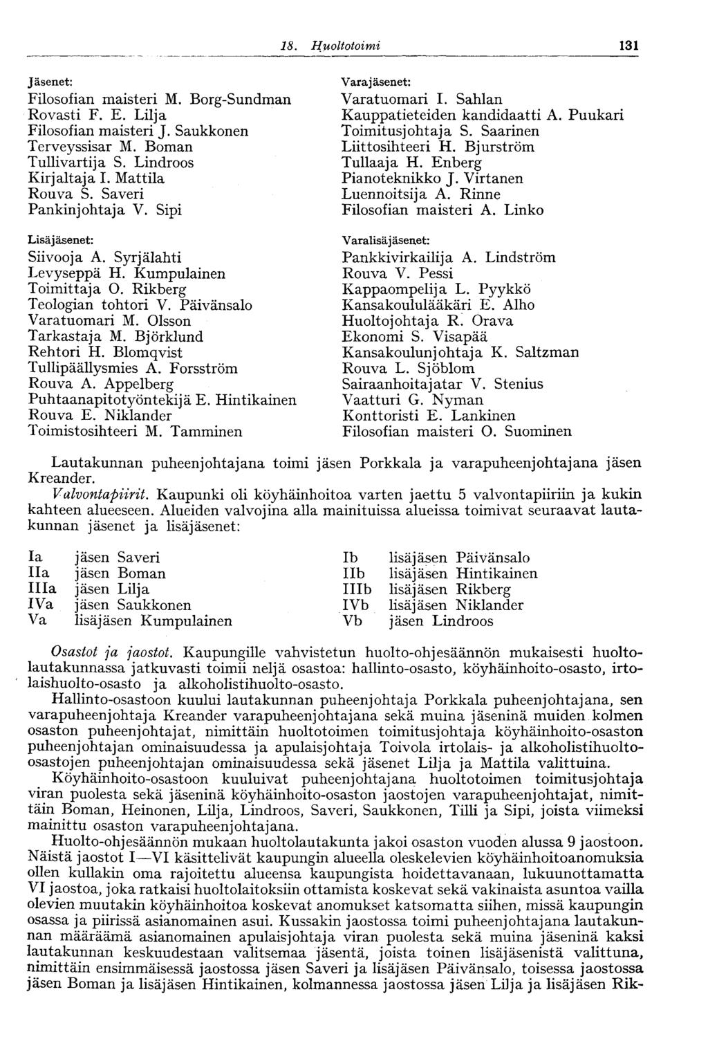 8. Huoltotoimi 3 Jäsenet: Filosofian maisteri M. Borg-Sundman Rovasti F. E. Lilja Filosofian maisteri J. Saukkonen Terveyssisar M. Boman Tullivartija S. Lindroos Kirjaltaja I. Mattila Rouva S.