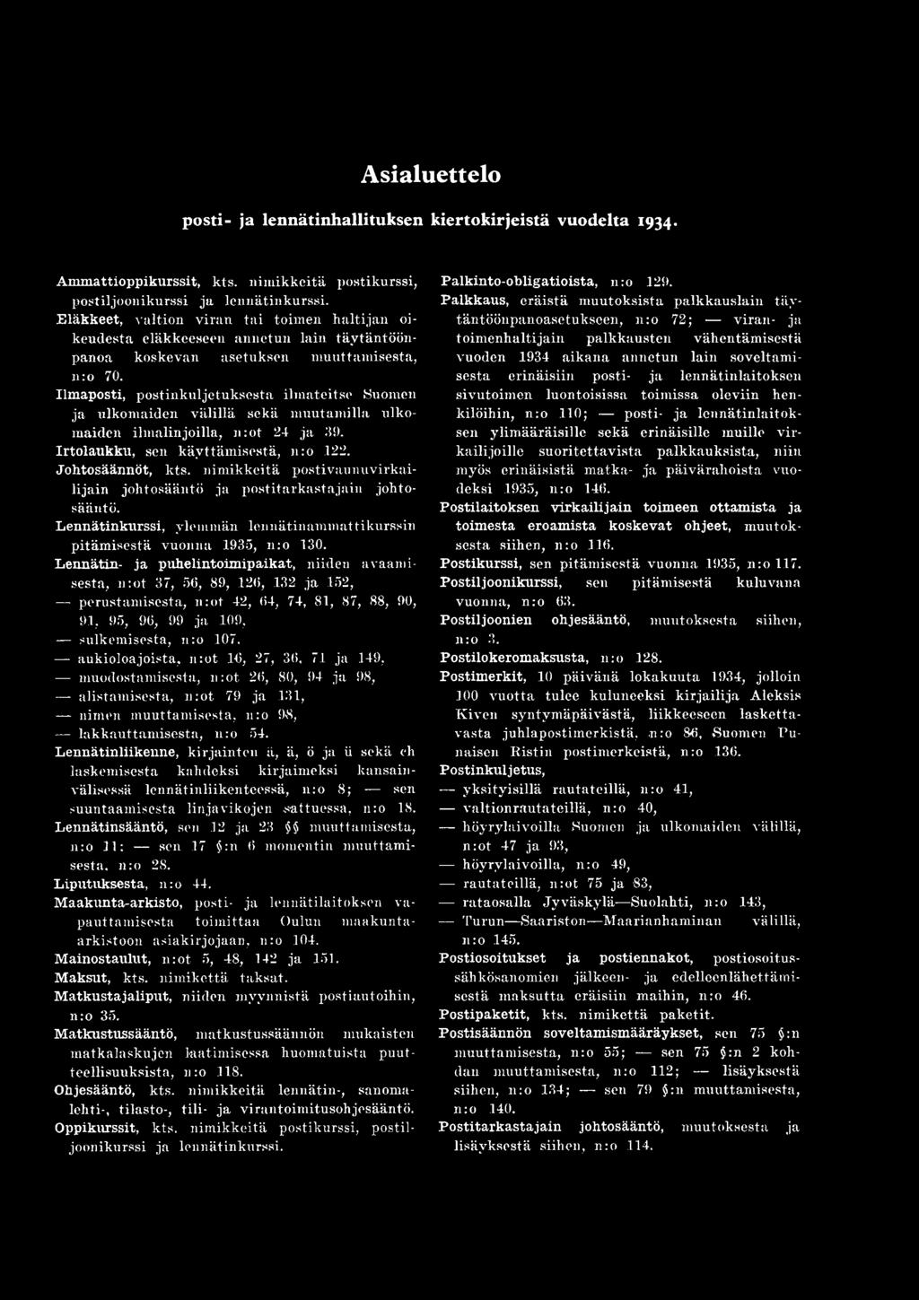 Lennätin- ja puhelintoim ipaikat, niiden avaam i sesta, n :o t 37, 50, 89, 126, 132 ja 152, perustam isesta, n :o t 42, 64, 74, 81, 87, 88, 90, 91, 95, 96, 99 ja 109, sulkemisesta, n:o 107,