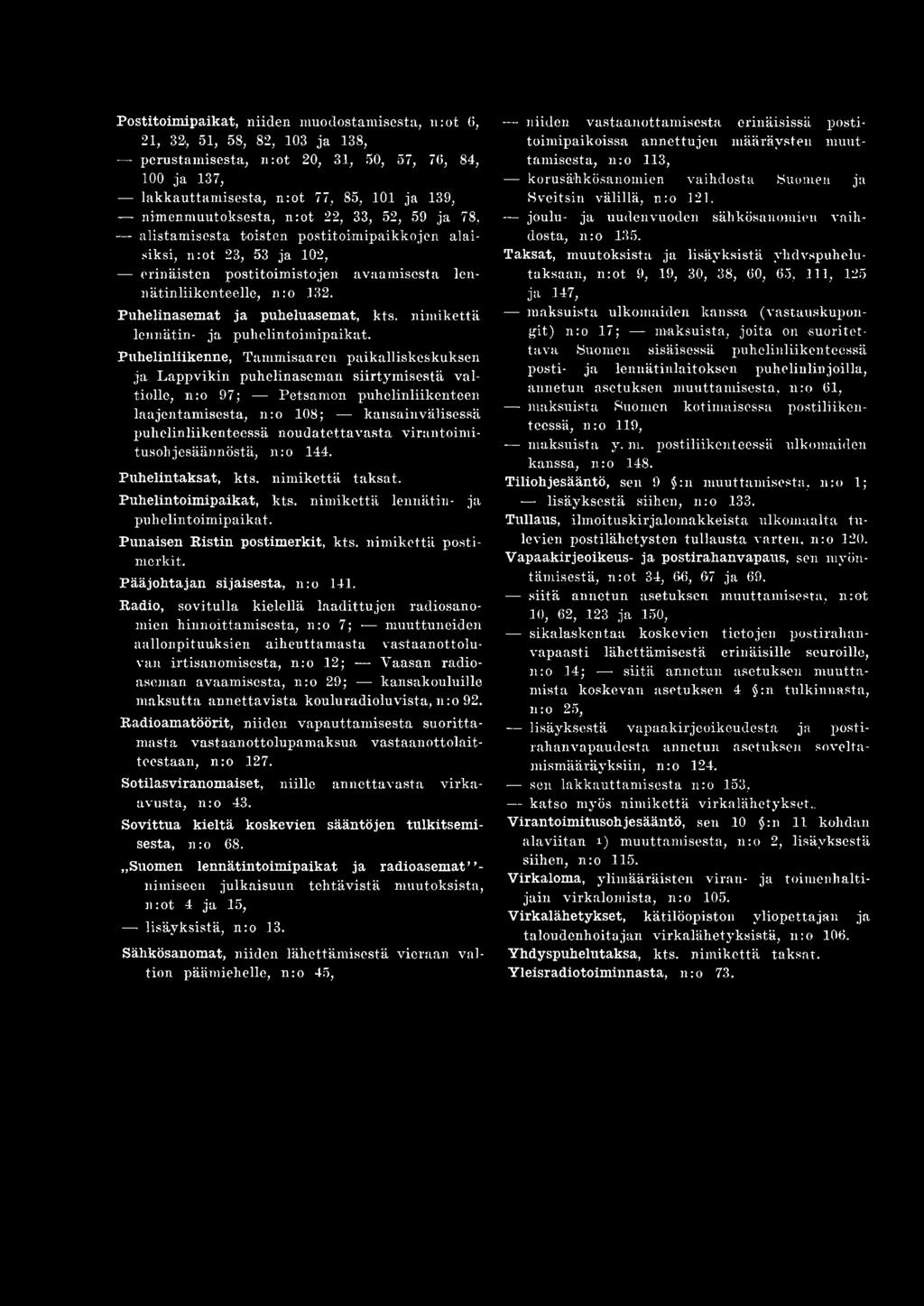 Puhelinliikenne, Tam m isaaren paikalliskeskuksen ja L appvikin puhelinasem an siirtym isestä valtiolle, n:o 97; Petsam on puhelinliikenteen laajentam isesta, n:o 108; kansainvälisessä