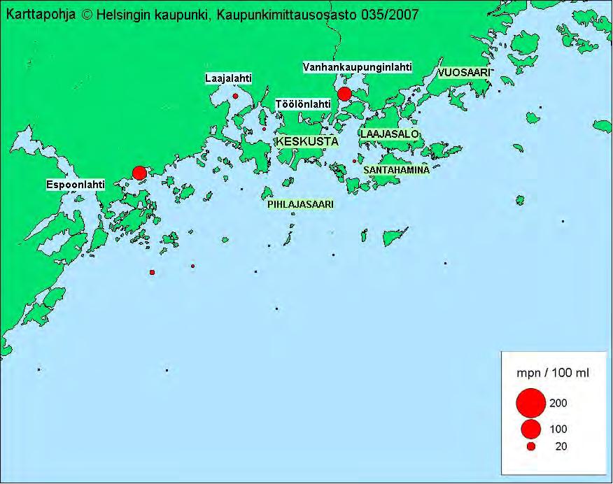 Kuva 4.17. Veden hygieeninen laatu Helsingin ja Espoon merialueella 29. Tulokset on esitetty koko vuoden keskiarvoina (logaritmiasteikolla) pintakerroksen näytteistä.