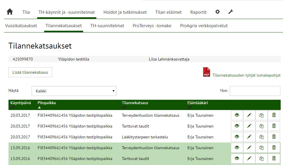 Tapahtumat listana, jossa hakukenttä ja katsele -painikkeet