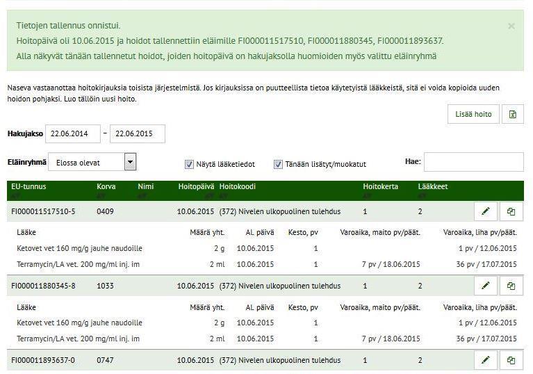 Hoitojen ja lääkitysten tallennus Listaus ilmoituksista näytetään aloitus-sivulla.