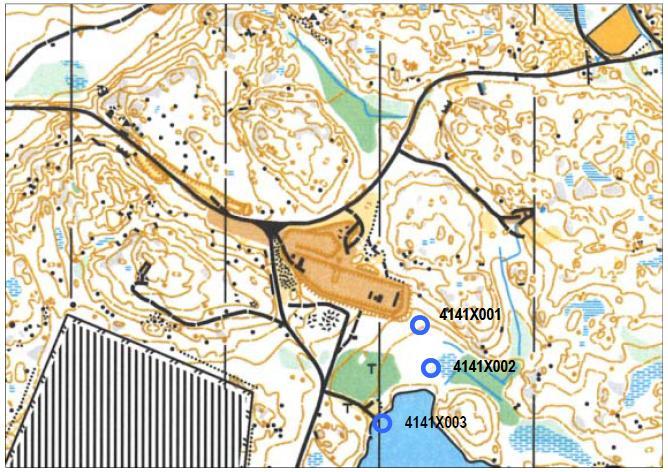 16 Kuva 2. Ampumaradan pohjaveden (X001 ja X002) ja pintaveden (X003) tarkkailupisteet.