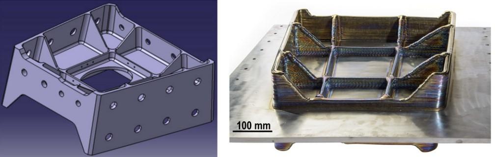 14 Kuva 4. Vahvistuskappale valmistettu WAAM( Wire + Arc Additive Manufacturing) menetelmällä materiaalista Ti 6Al 4V. CAD-malli vasemmalla ja tulostettu kappale ennen koneistusta oikealla.