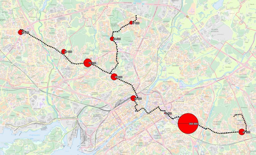 7 (9) Taulukko. Kerrosneliömetrimäärät alueittain eri vaihtoehdoissa vuoteen 2050 mennessä.