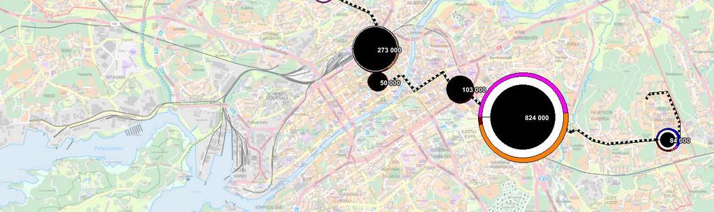 musta ympyrä nykyisen kaltaisen bussivaihtoehdon rakentamisen määrän. 3.