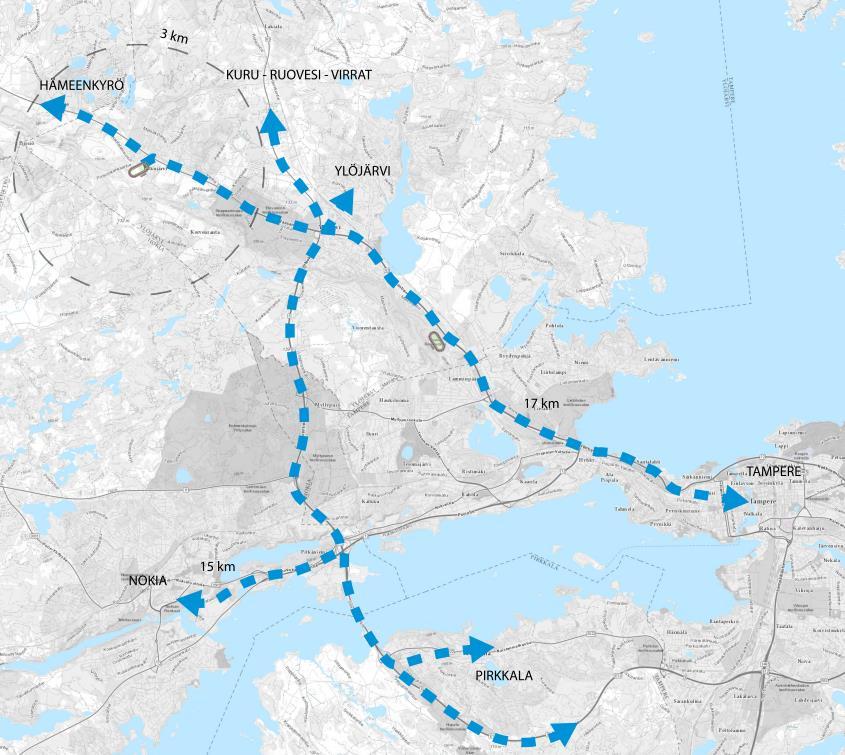 Pinsiönkankaan vaihtoehto (VE4) Seudullinen sijainti valtatie 3:n varrella Vaasantiellä. Vaasantie muuttuu katumaisemmaksi uuden Valtatie 3:n linjauksen myötä.