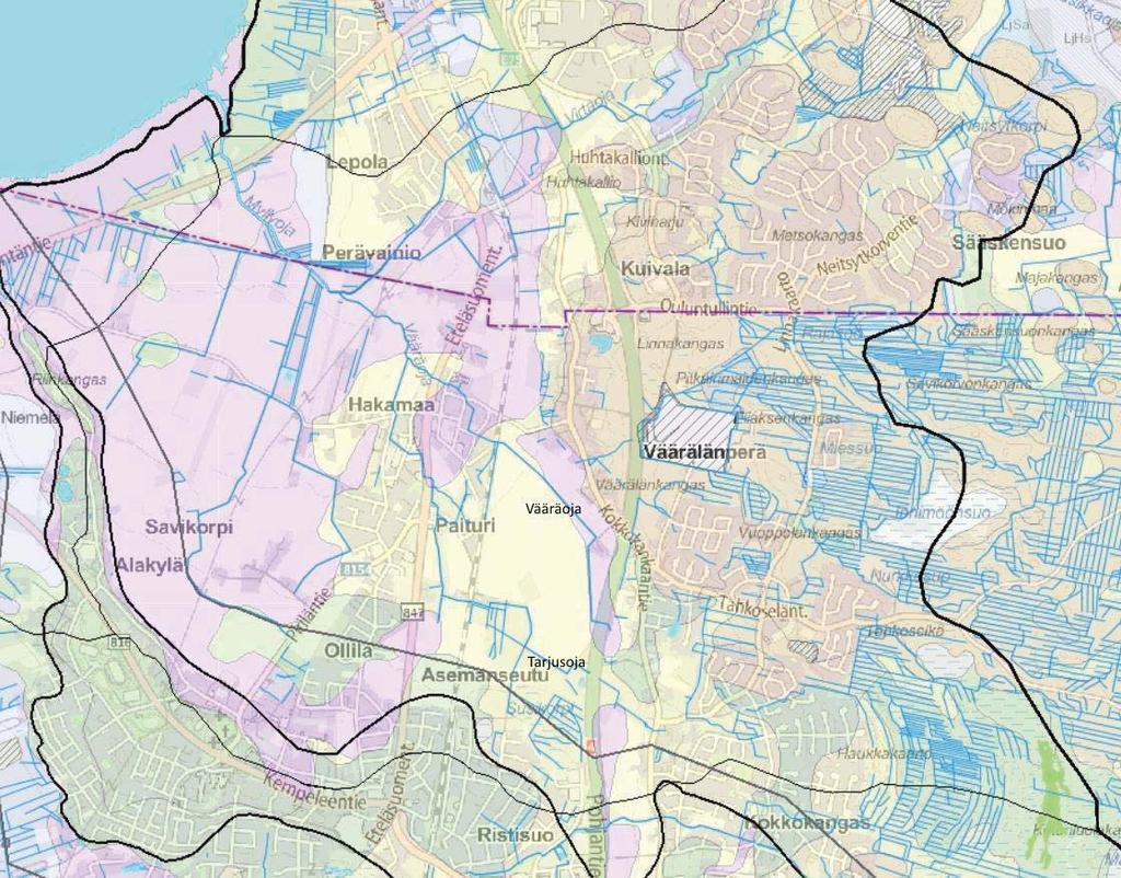 yhdistymistä n. 6,5 km 2, Savikorvesta tulevan ojan valuma-alue n. 3 km 2. Savikorvesta tuleva oja yhtyy Vääräojaan, ja siitä Myllyojaan lähellä Oulun rajaa.