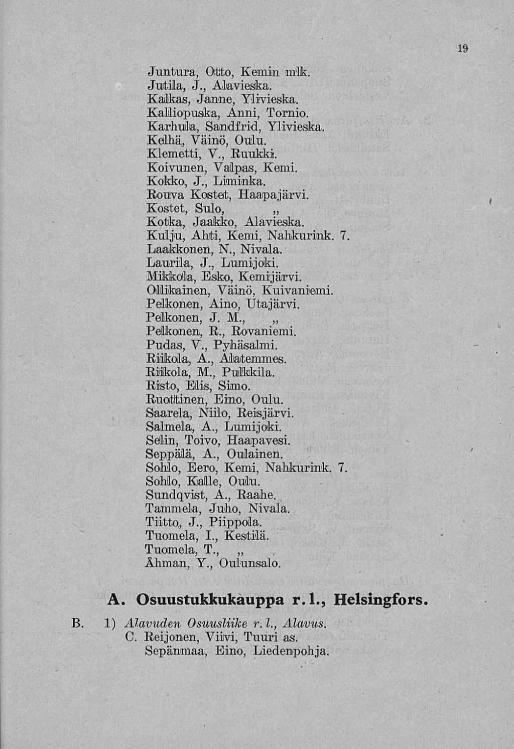 19 Juntura, Otto, Kemin mlk. Jutila, J., Alavieska. Kalkas, Janne, Ylivieska. Kalliopuska, Anni, Tornio. Karhula, Sandfrid, Ylivieska. Kelhä, Väinö, Oulu. Klemetti, V., Ruukki. Koivunen, Valpas, Kemi.