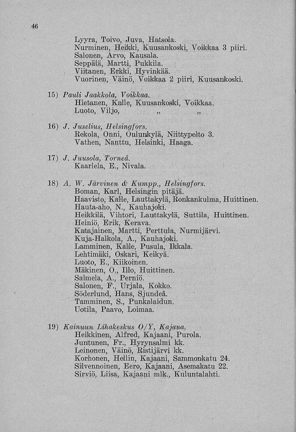 46 Lyyra, Toivo, Juva, Hatsola. Nurminen, Heikki, Kuusankoski, Voikkaa 3 piiri. Salonen, Arvo, Kausala. Seppälä, Martti, Pukkila. Viitanen, Erkki, Hyvinkää.