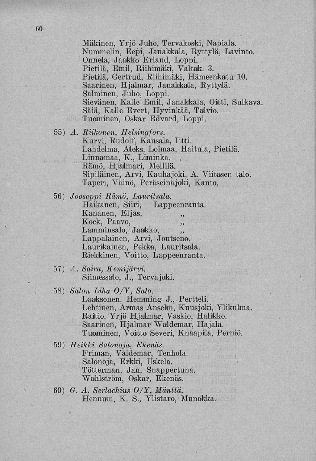 60 Mäkinen, Yrjö Juho, Tervakoski, Napiala. Nummelin, Eepi, Janakkala, Ryttylä, Lavinto. Onnela, Jaakko Erland, Loppi. Pietilä, Emil, Riihimäki, Valtak. 3. Pietilä, Gertrud, Riihimäki, Hämeenkatu 10.