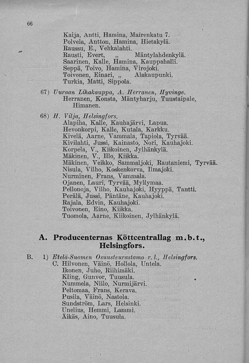 66 Kaija, Antti, Hamina, Mairenkatu 7. Polvela, Antton, Hamina, Hietakylä. Raussu, E., Vehkalahti. Rausti, Evert, Mäntylahdenkylä. Saarinen, Kalle, Hamina, Kauppahalli. Seppä, Toivo, Hamina, Virojoki.