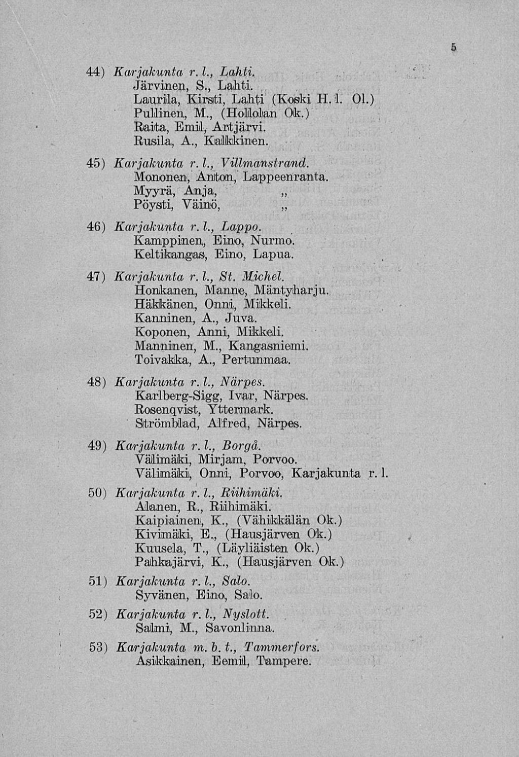 5 44) Karjakunta r. 1., Lahti. Järvinen, S., Lahti. Laurila, Kirsti, Lahti (Koski H. 1. 01.) Pullinen, M., (Hollolan Ok.) Raita, Emil, Artjärvi. Rusila, A., Kalkkinen. 45) Karjakunta r. 1., Villmanstrand.