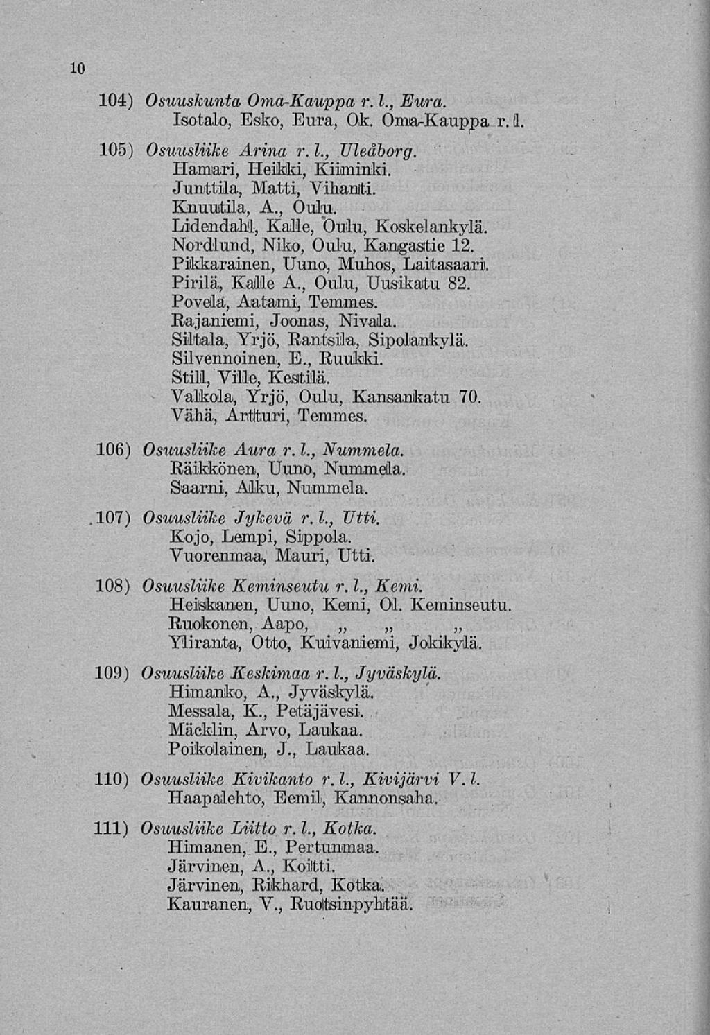 10 104) Osuuskunta Oma-Kauppa r. 1., Eura. Isotalo, Esko, Eura, Ok. Oma-Kauppa r. I. 105) Osuusliike Arina r. 1., Uleåborg. Hamari, Heikki, Kiiminki. Junttila, Matti, Vihanti. Knuutila, A., Oulu.