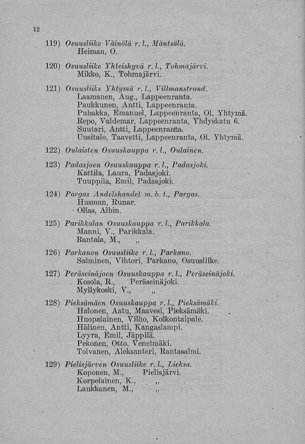 12 119) 120) 121) 122) 123) 124) 125) 126) 127) 128) 129) Osuusliike Väinölä r. 1., Mäntsälä. Helman, O. Osuusliike Yhteishyvä r. 1., Tohmajärvi. Mikko, K., Tohmajärvi. Osuusliike Yhtymä r. 1., Villmanstrand.