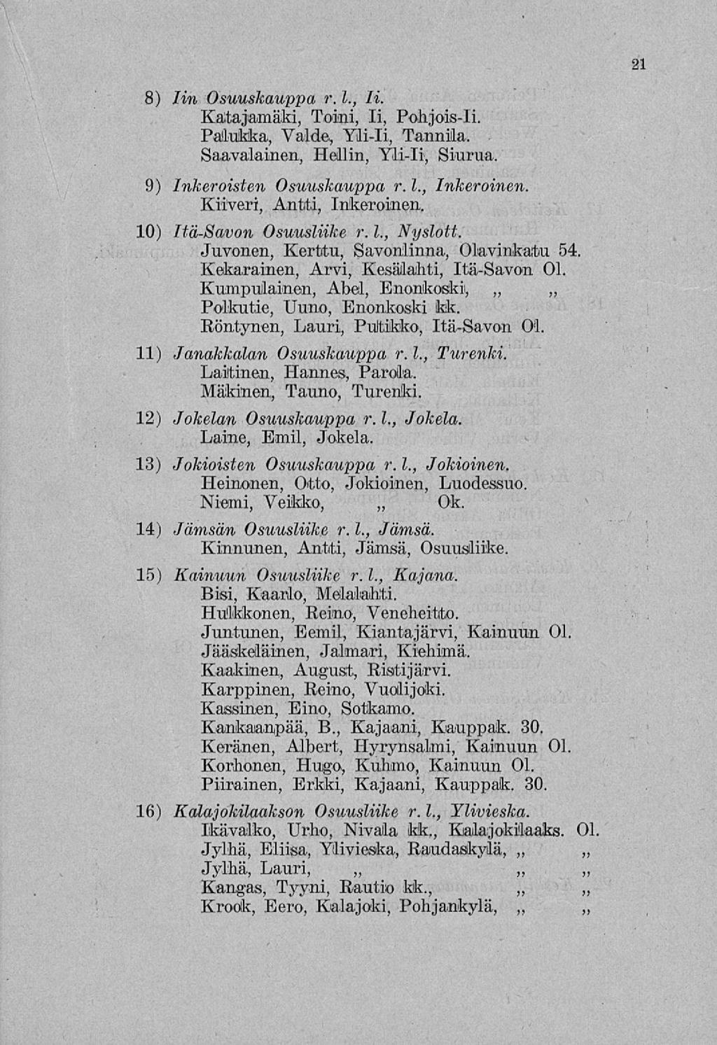 21 8) lm Osuuskauppa r. 1., li. Katajamäki, Toini, li, Pohjois-li. Pallukka, Valde, Yli-li, Tannila. Saavalainen, Heilin, Yli-li, Siurua, 9) Inkeroisten Osuuskauppa r. 1., Inkeroinen.