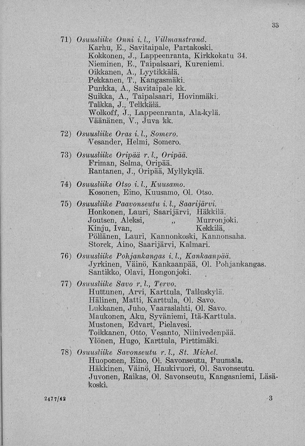 71) 72) 73) Osuusliike Onni i. L, Villmanstrand. Karhu, E., Savitaipale, Rautakoski. Kokkonen, J., Lappeenranta, Kirkkokatu 34. Nieminen, E., Taipalsaari, Kureniemi. Oikkanen, A., Lyytikkälä.