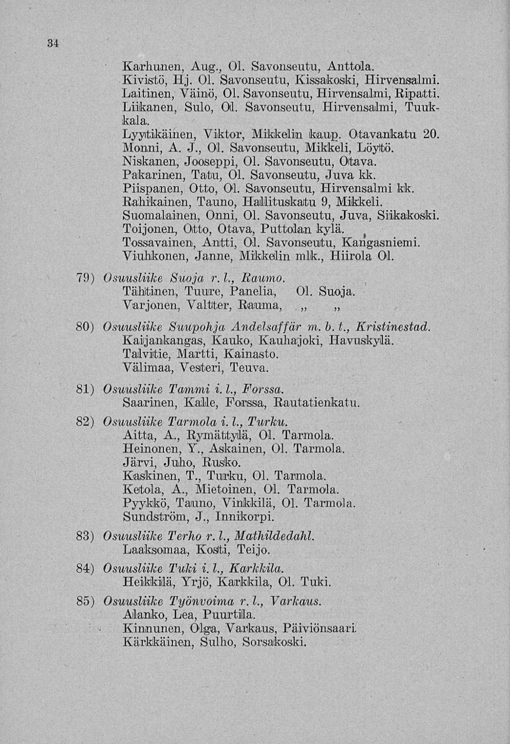 34 Karhunen, Aug., 01. Savonseutu, Anttola. Kivistö, Hj. 01. Savonseutu, Kissakoski, Hirvensalmi, Laitinen, Väinö, 01. Savonseutu, Hirvensalmi, Ripatti Liikanen, Sulo, 01.