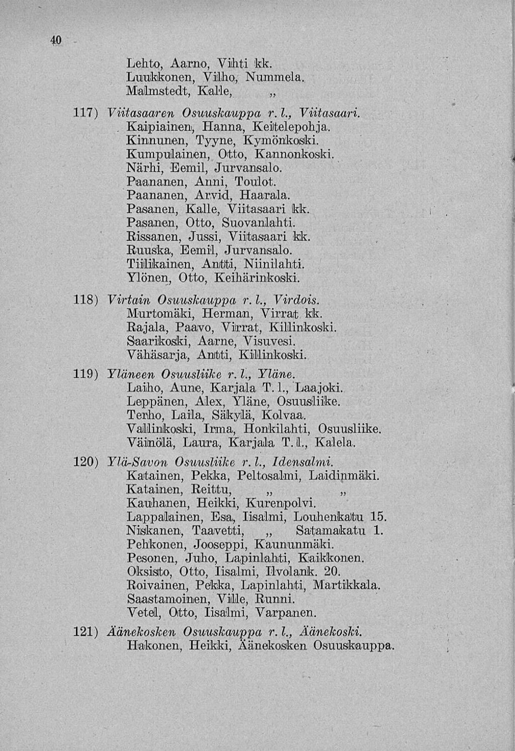 40 Lehto, Aarno, Vihti kk. Luukkonen, Vilho, Nummela. Malmstedt, Kalle, 117) 118) 120) 121) Viitasaaren Osuuskauppa r. 1., Viitasaari.. Kaipiainen, Hanna, Keitelepohja, Kinnunen, Tyyne, Kymönkoski.