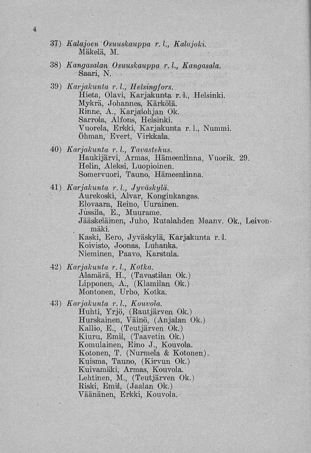 4 37) Kalajoen Osuuskauppa r. 1., Kalajoki. Mäkelä, M. 38) Kangasalan Osuuskauppa r, 1., Kangasala. Saari, N.. 39) Karjakunta r. 1., Helsingfors. Hieta, Olavi, Karjakunta r. 1., Helsinki.