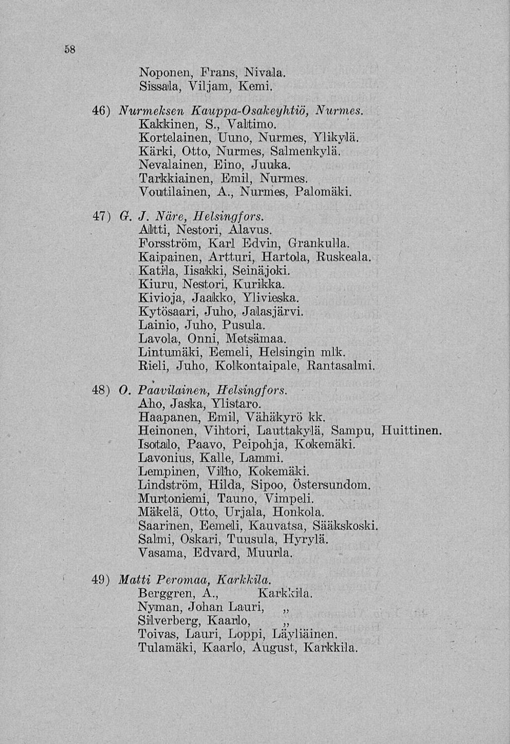 58 Noponen, Frans, Nivala. Sissala, Viljam, Kemi. 46) Nurmeksen Kauppa-Osakeyhtiö, Nurmes. Kakkinen, S., Valtimo. Kortelainen, Uuno, Nurmes, Ylikylä. Kärki, Otto, Nurmes, Salmenkylä.